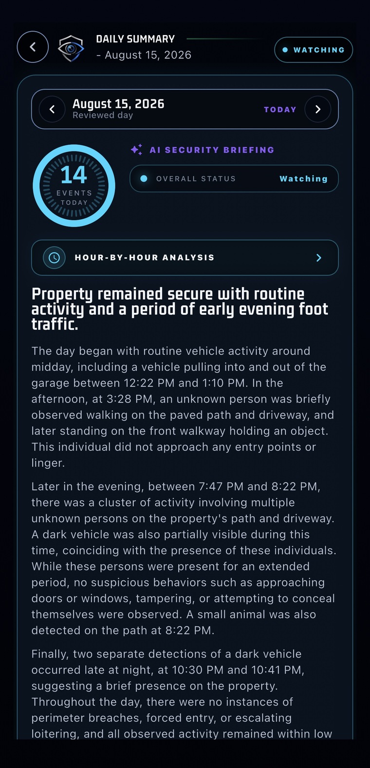 PerimeterEye daily summary screen showing an AI security briefing, 14 events, and a written review of property activity