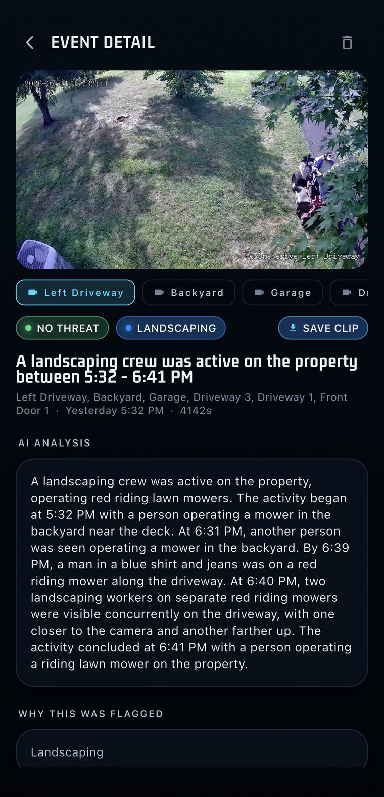 PerimeterEye event detail screen showing a landscaping crew, camera views, a No Threat classification, and a written AI analysis