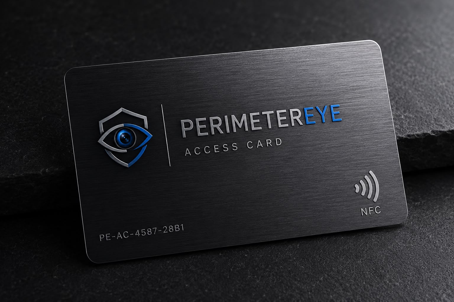Brushed-metal PerimeterEye NFC access card with the PerimeterEye logo, individual card ID, and NFC tap symbol