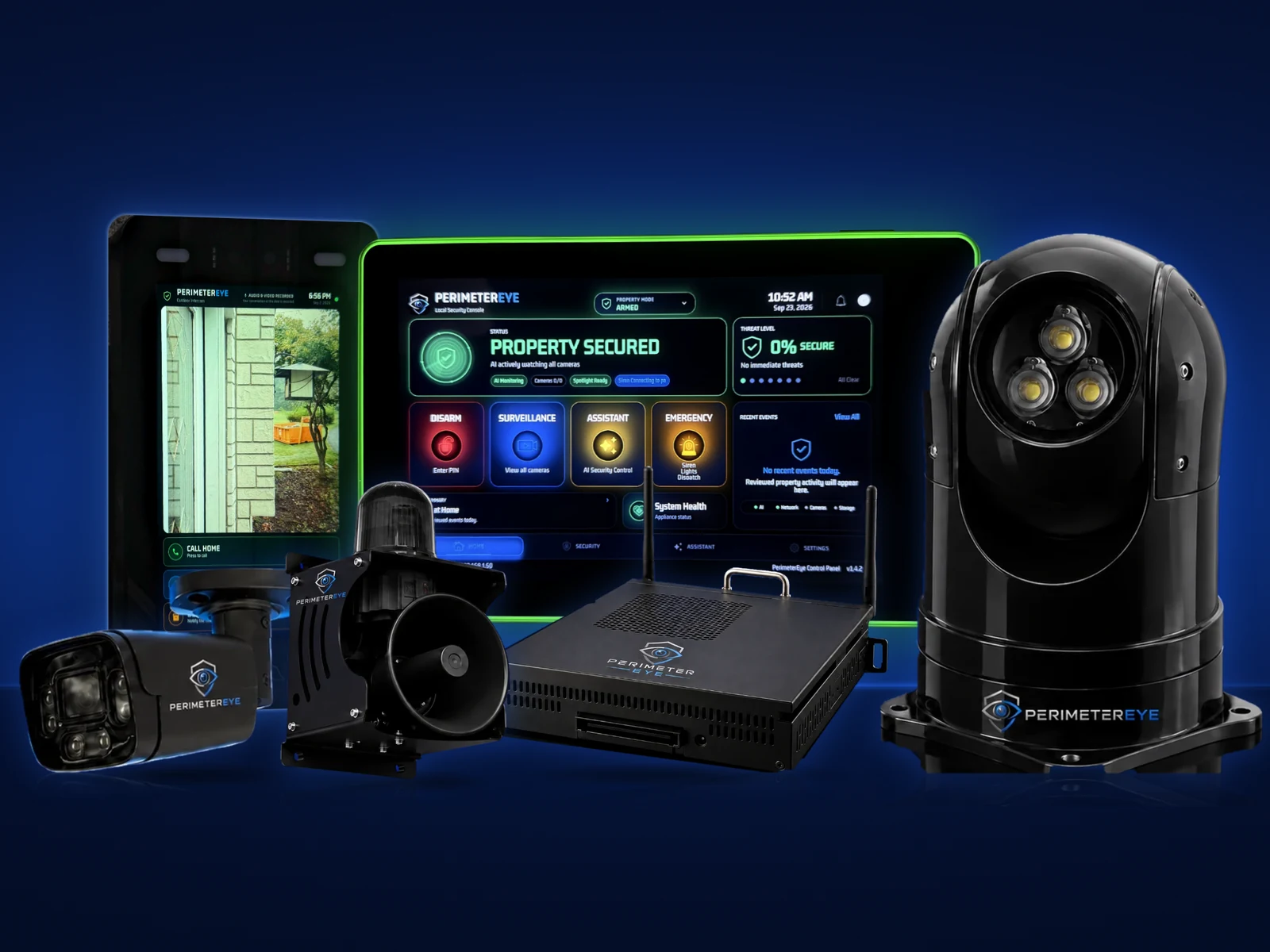 PerimeterEye Pro package: the Access outdoor intercom, the indoor wall panel, a black 4K AI camera, the siren, the Brain and the tracking spotlight